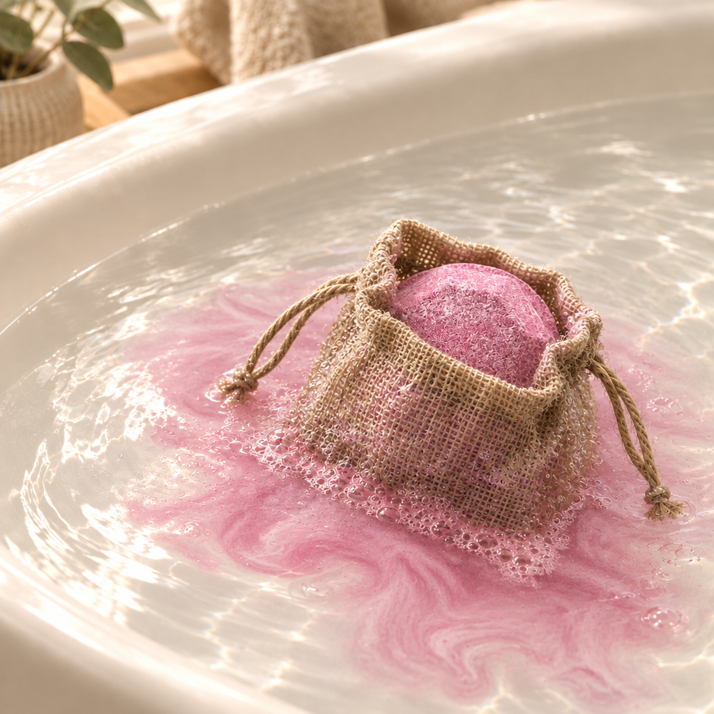 Very Berry bath bomb in a burlap pouch with a pink water effect