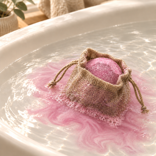 Very Berry bath bomb in a burlap pouch with a pink water effect