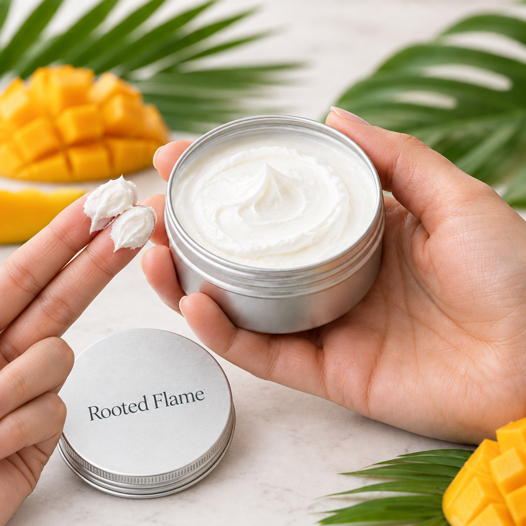 White body butter on two fingertips with Rooted Flame lettering on the lid