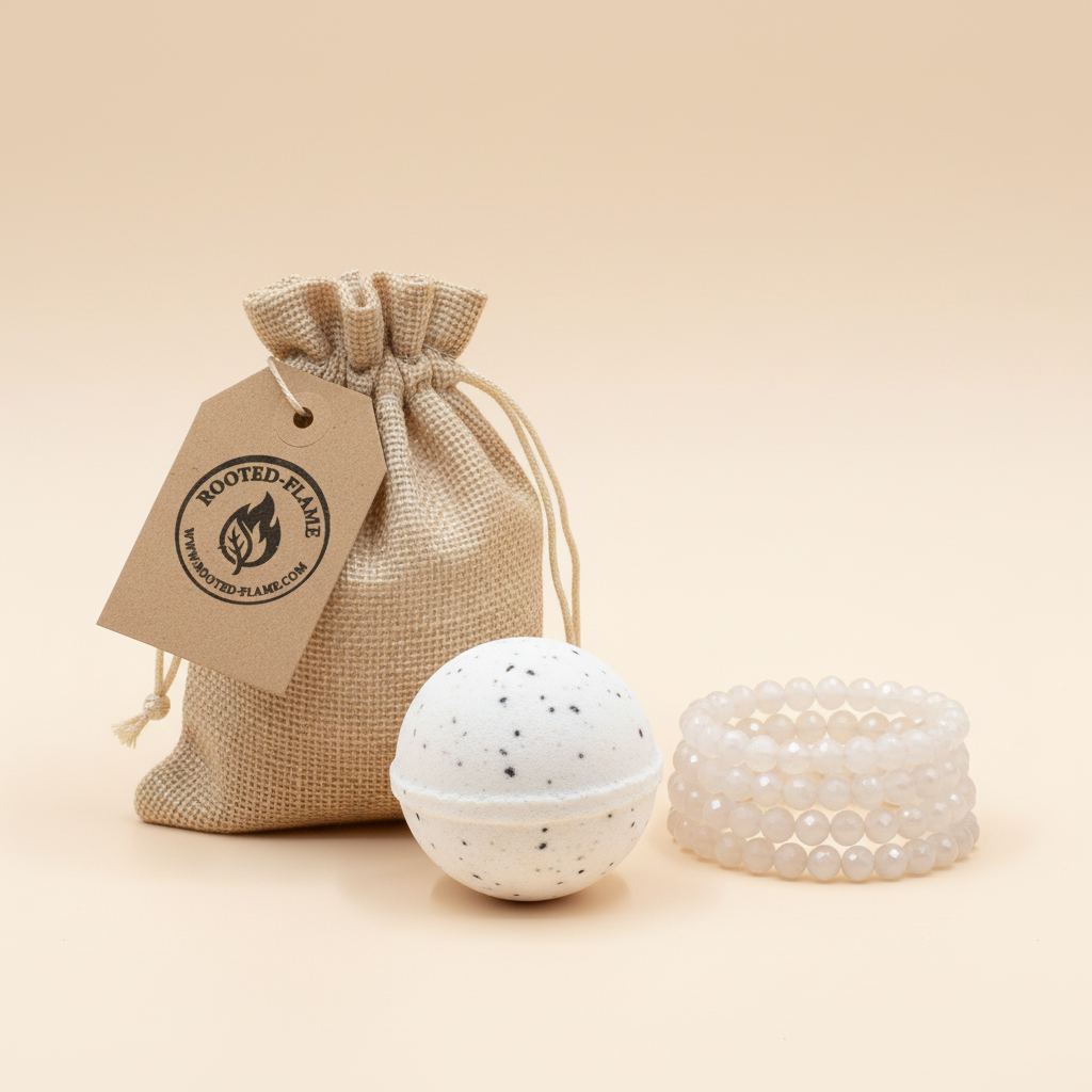 White Jasper bath bomb with Rooted Flame burlap bag and logo