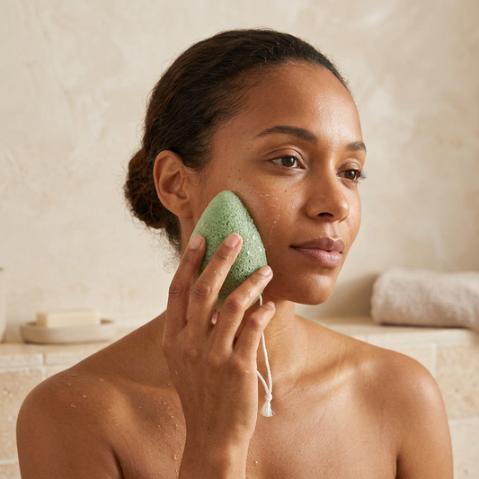 Woman cleansing her cheek with the green tea konjac sponge