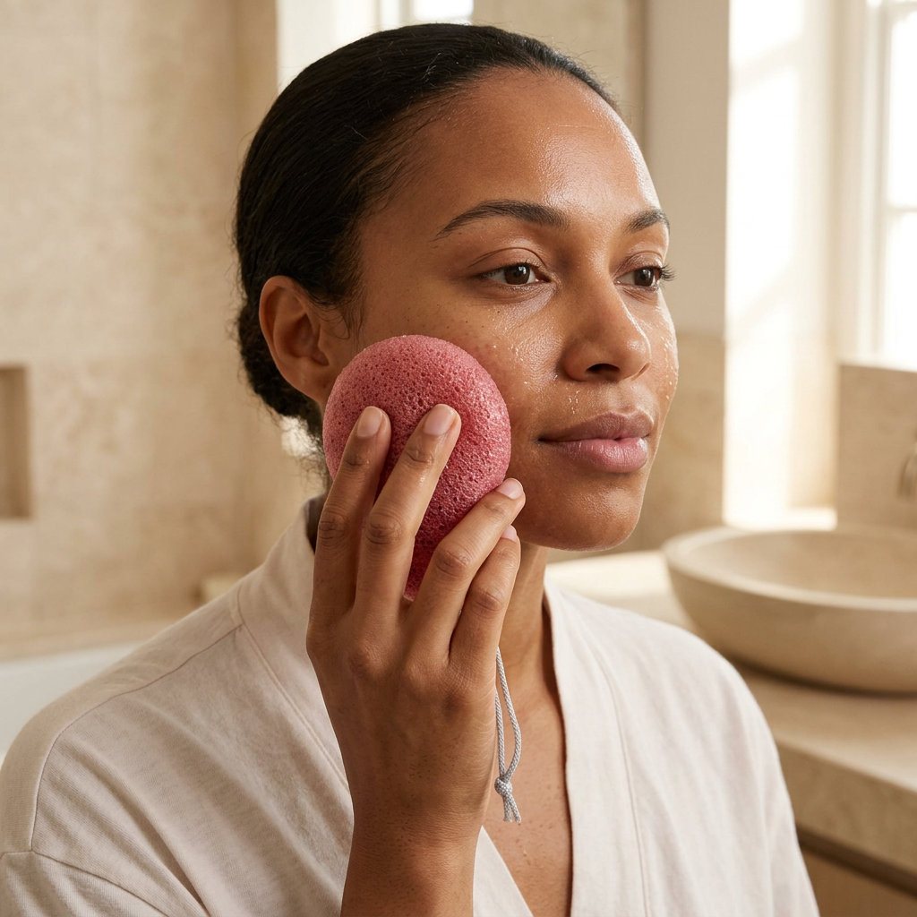 Woman using the rose konjac sponge on her cheek